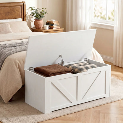 31.5 Inches Storage Chest with Safety Hinge, Wood Grain, White Storage Ottomans & Benches at Gallery Canada