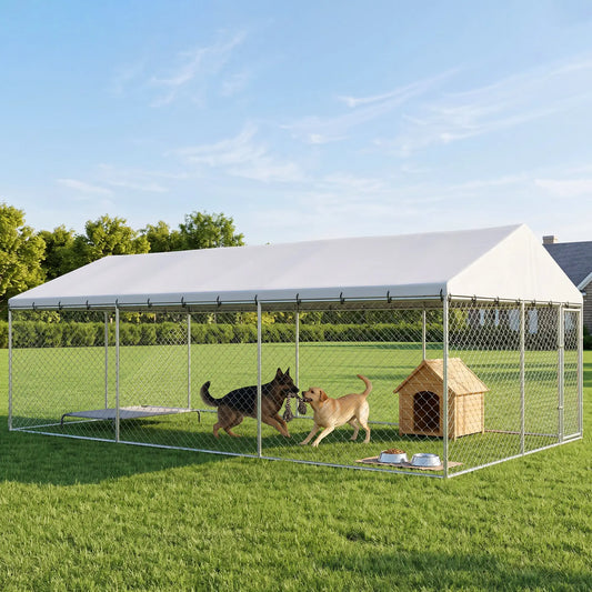 Galvanized Steel Outdoor Dog Kennel With Roof, Safety Locks, 19.7' x 9.8' x 7.1' Dog Kennels Silver at Gallery Canada