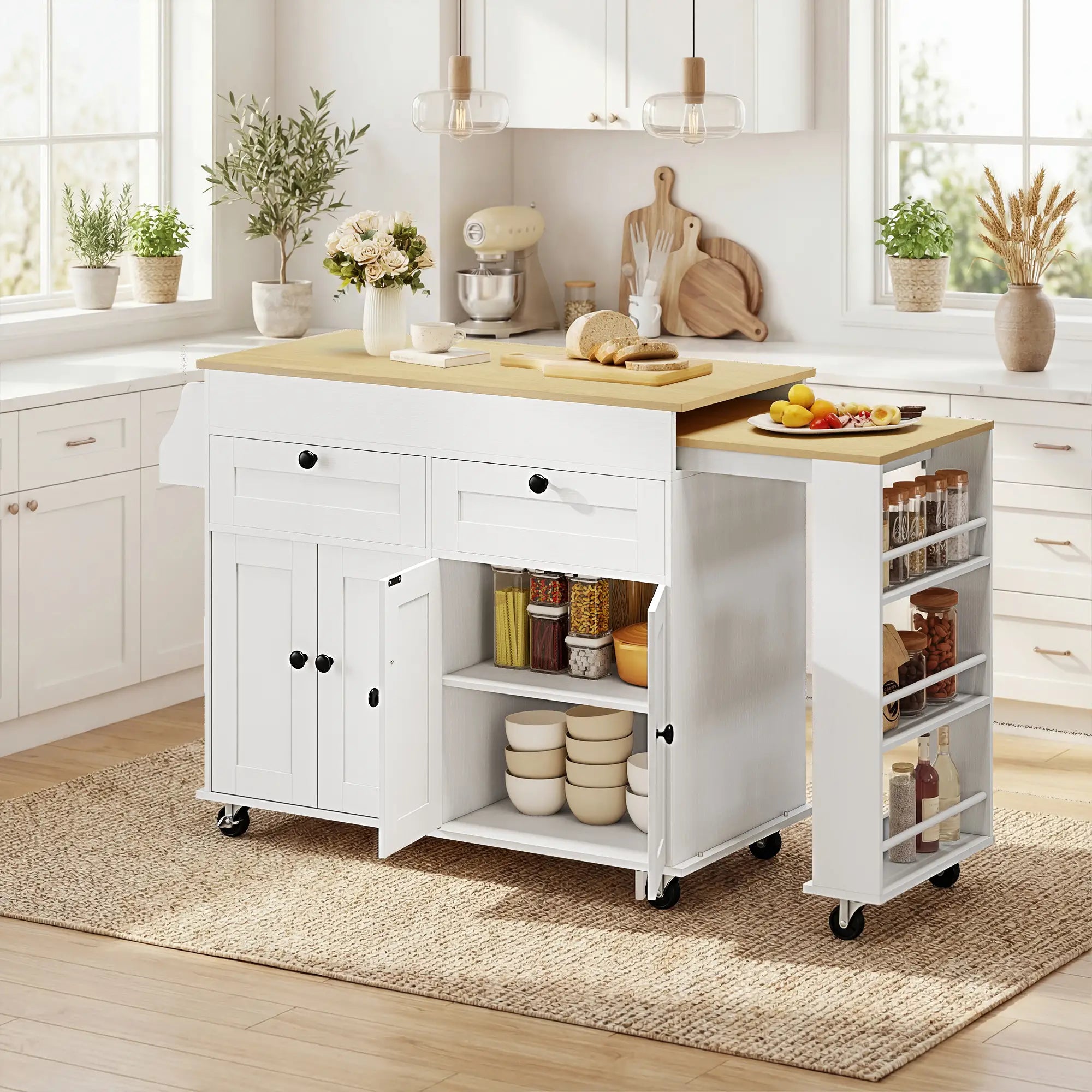 Kitchen Island With Sliding Expandable Top, Rolling Cart, White Kitchen Islands & Kitchen Carts at Gallery Canada