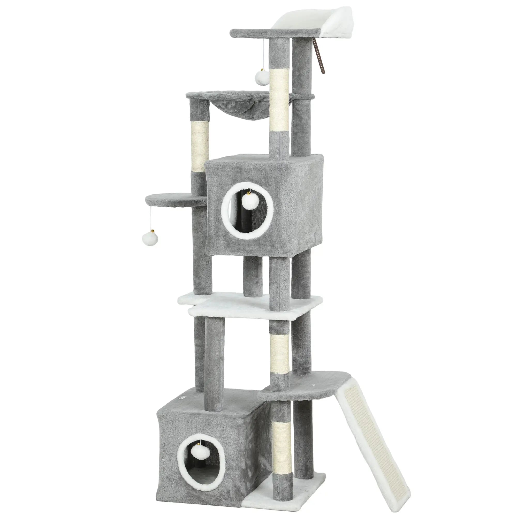 65 Inch Cat Tree, 2 Doors Condos, Plush Perch, Hammock, Grey Cat Towers Grey, White at Gallery Canada