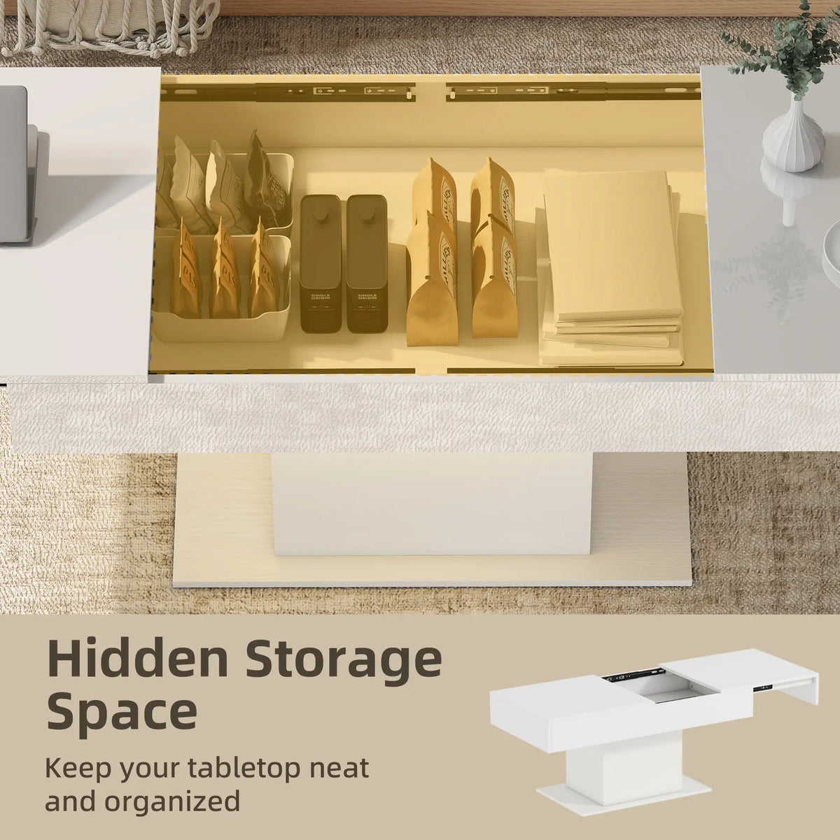 Extendable Coffee Table with LED Lights, Modern High Gloss Center Table with Hidden Storage, White Coffee Tables at Gallery Canada