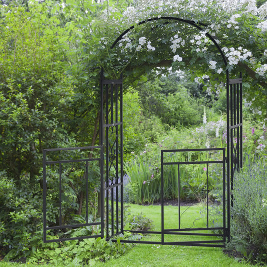 6.7 FT Steel Garden Arch with Gate, Outdoor Arbor for Vines, Dark Grey Garden Arches Dark Grey at Gallery Canada