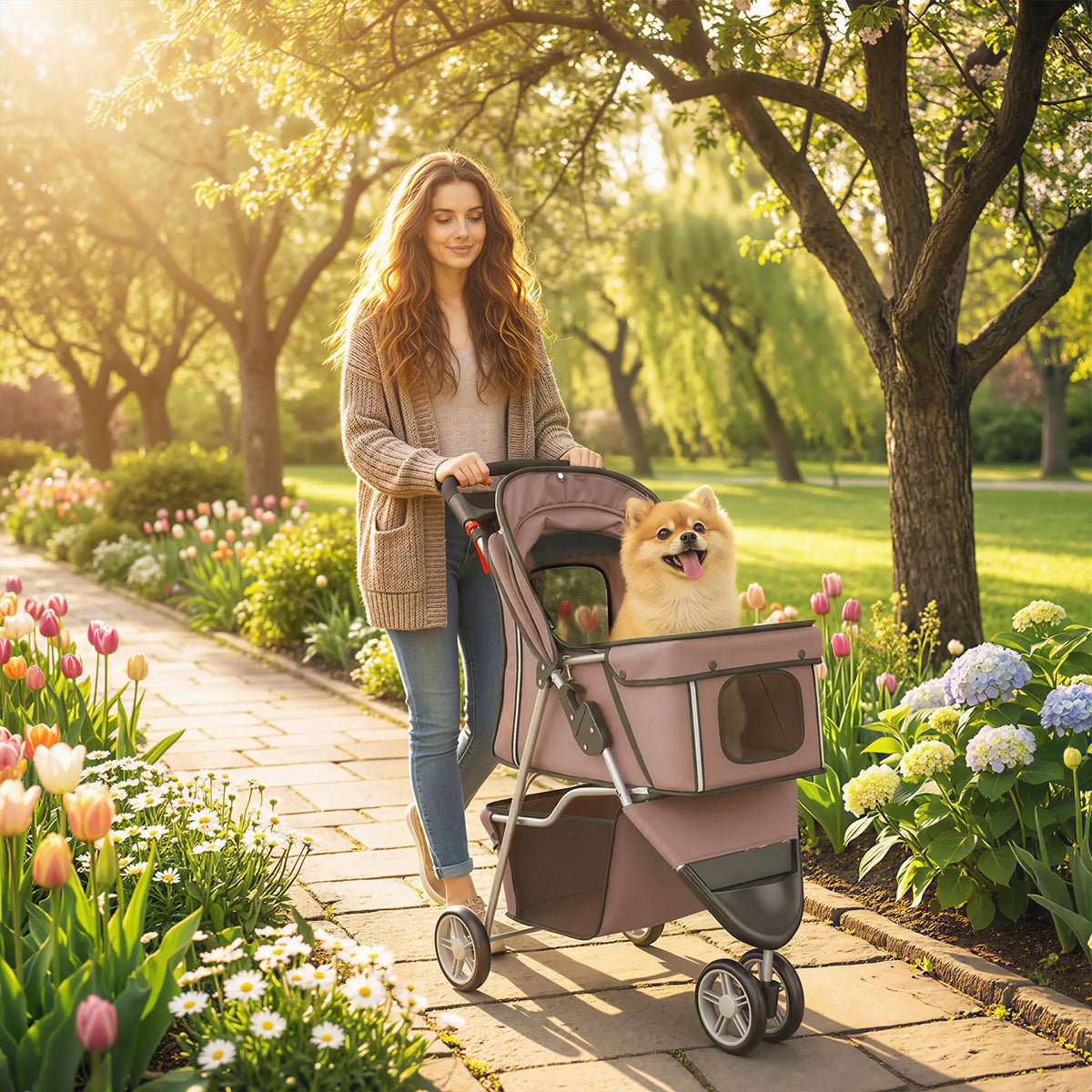 3 Wheels Foldable Dog Stroller, Storage Basket, Adjustable Canopy, Coffee Dog Bike Trailers & Strollers at Gallery Canada