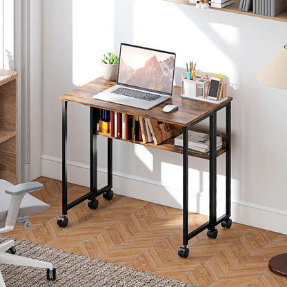 Folding Computer Desk with Storage Bag, Shelf and Wheels, Rustic Brown Writing Desks at Gallery Canada