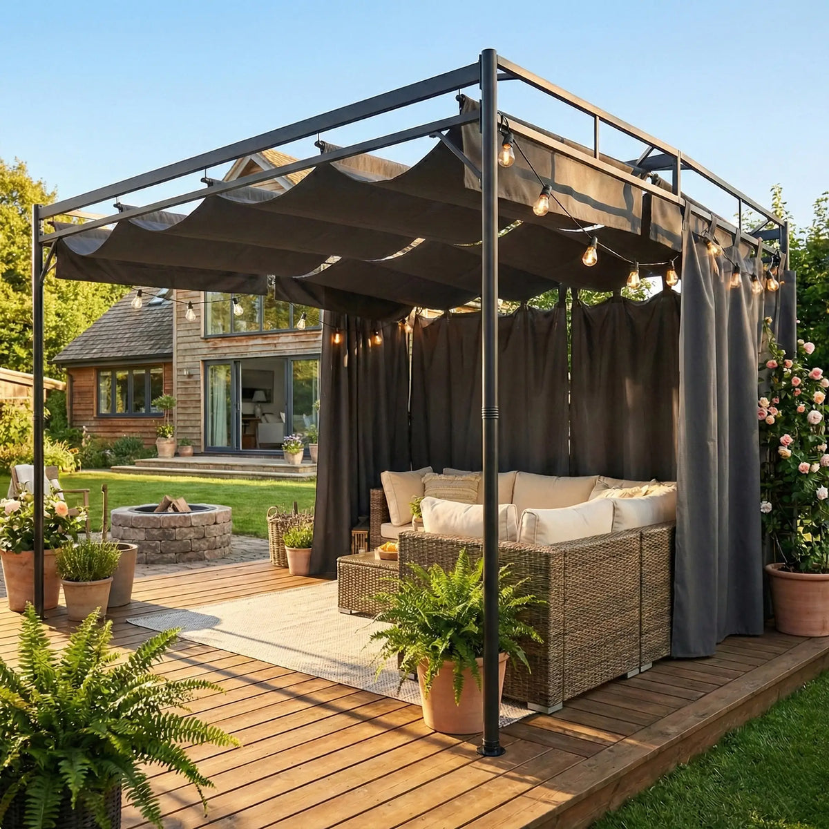 10' x 10' Retractable Pergola Canopy, Metal Garden Gazebo Sun Shade Pergolas at Gallery Canada