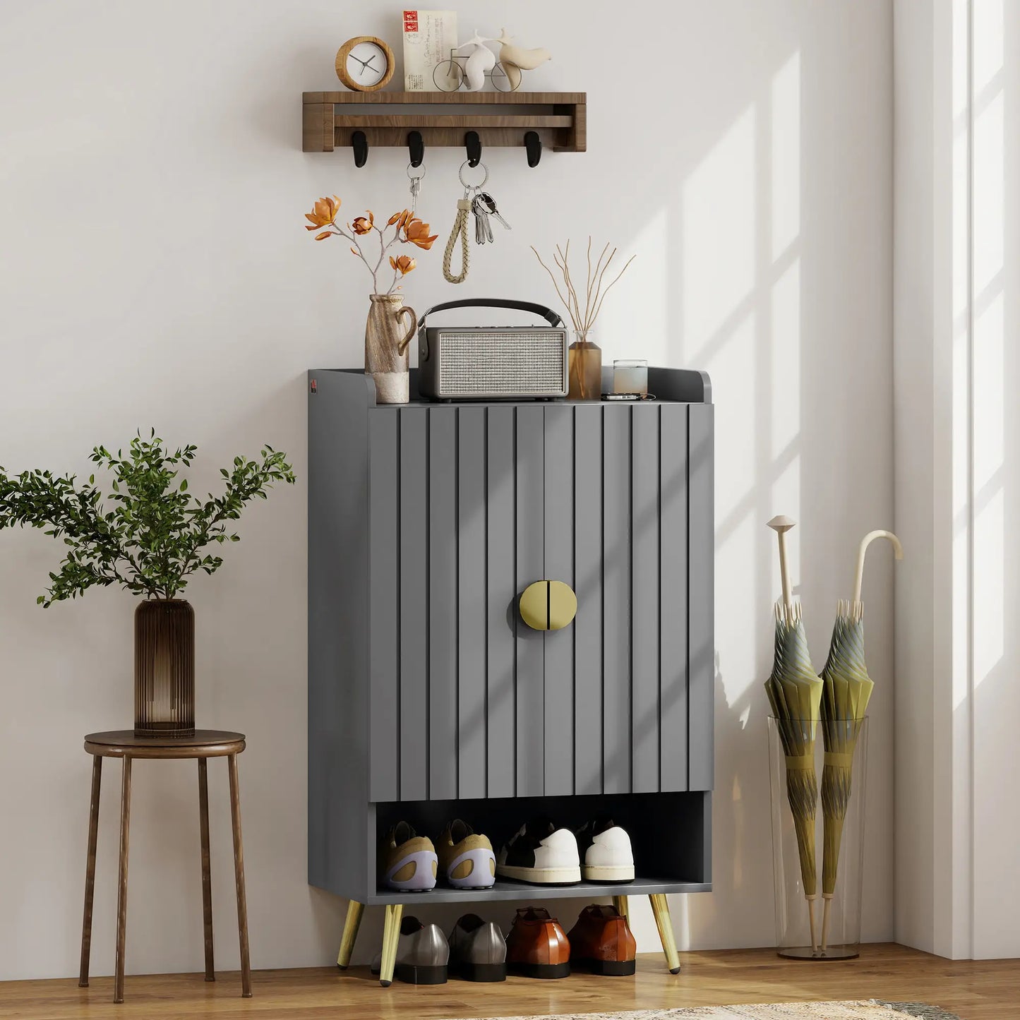 Narrow Shoe Storage Cabinet, Adjustable Shelves, Open Shelf, 15 Pairs, Grey Shoe Storage Cabinets & Racks at Gallery Canada