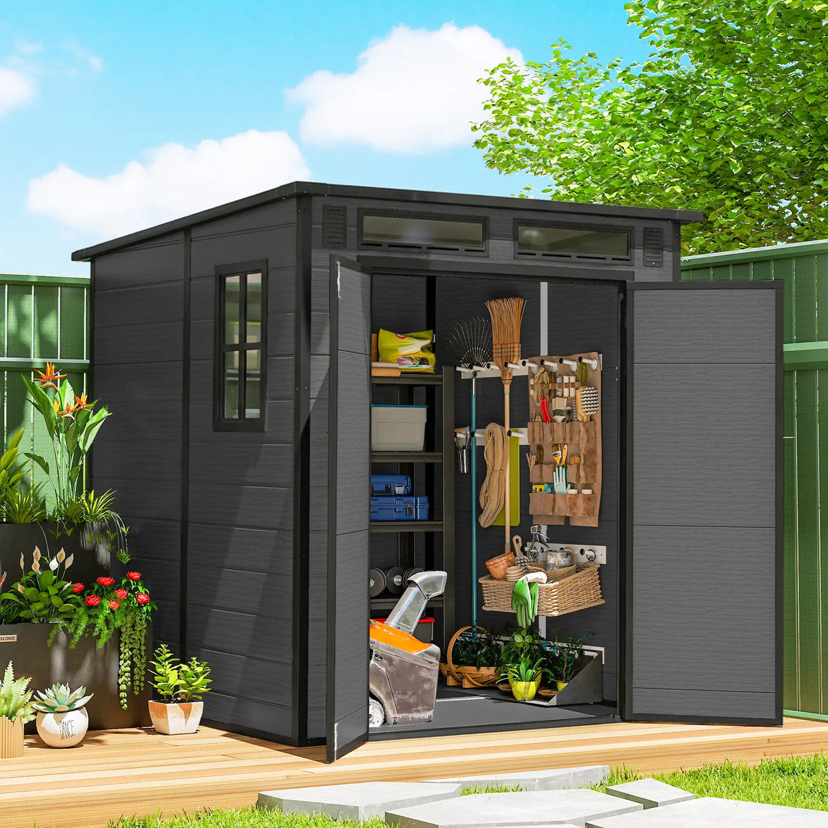 6' x 6' Outdoor Storage Shed, Plastic Garden Shed, Dark Grey, Dark Grey Sheds at Gallery Canada