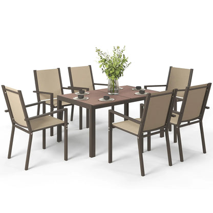 7-Piece Outdoor Dining Set With Rectangular Table & 6 Stackable Chairs Outdoor Dining Sets Khaki, Brown at Gallery Canada