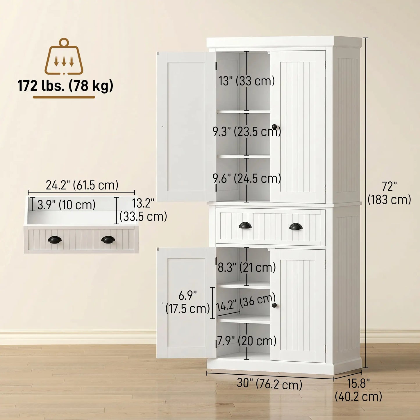 72 Inch Kitchen Pantry, Storage Cabinet with Drawer, White, White Kitchen Pantry Cabinets at Gallery Canada
