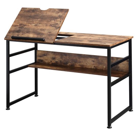Adjustable Drafting Table, Art Desk, Tiltable Tabletop, Storage Shelf, Rustic Brown, Brown Writing Desks Rustic Brown at Gallery Canada