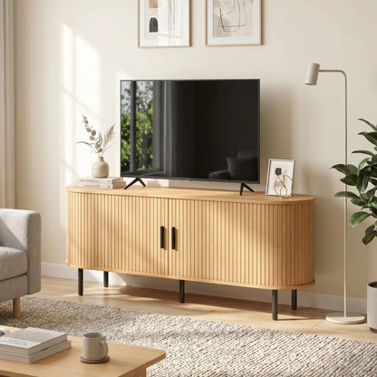 TV Stand for TVs up to 60", Modern Entertainment Center with Curved Sliding Doors, Natural Wood TV Stands at Gallery Canada