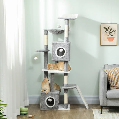 65 Inch Cat Tree, 2 Doors Condos, Plush Perch, Hammock, Grey Cat Towers at Gallery Canada