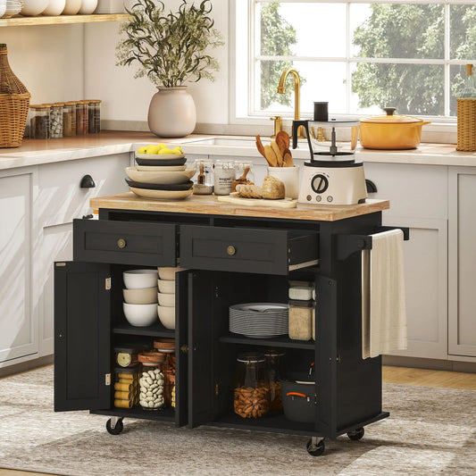 Kitchen Island with Storage, Rolling Cart, Rubber Wood Top, Black Kitchen Islands & Kitchen Carts Black at Gallery Canada