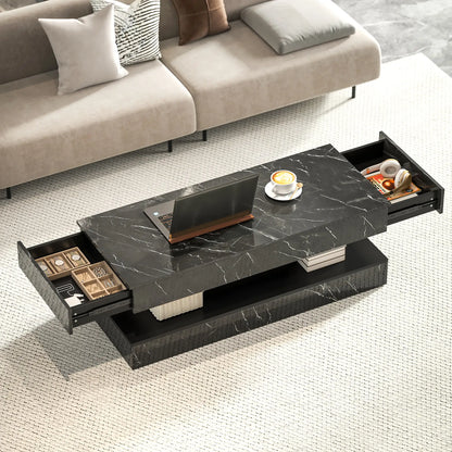 Adjustable LED Coffee Table, 2 Drawers, Open Shelf, Remote, High Gloss Black Coffee Tables at Gallery Canada