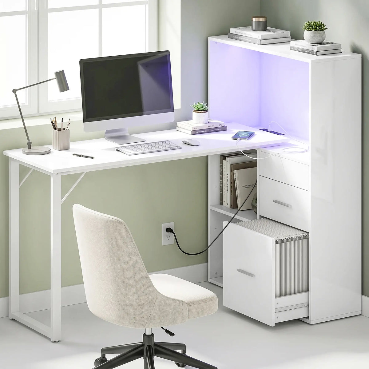 54" Computer Desk With Drawers, Power Outlets, LED Lights, White Computer Desks at Gallery Canada