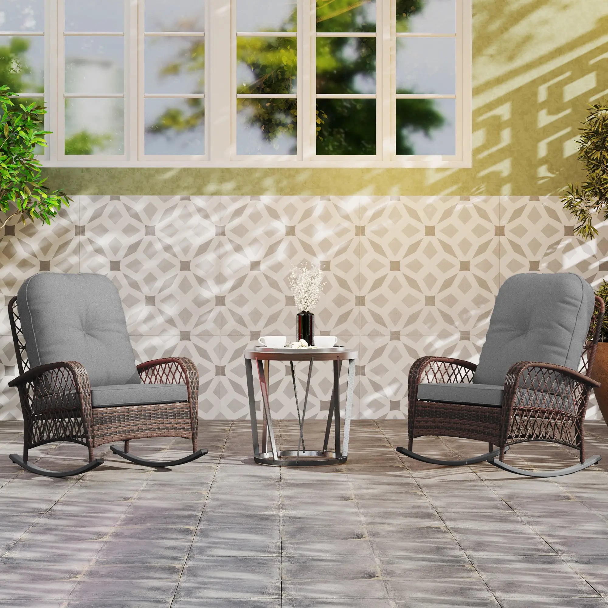 Outdoor Wicker Rattan Rocking Chair Set of 2, Patio Rocker with Cushions, Grey Outdoor Rocking Chairs at Gallery Canada