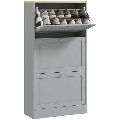 Modern Shoe Storage, 3 Flip Drawers, Adjustable Shelves, 18 Pairs, Grey