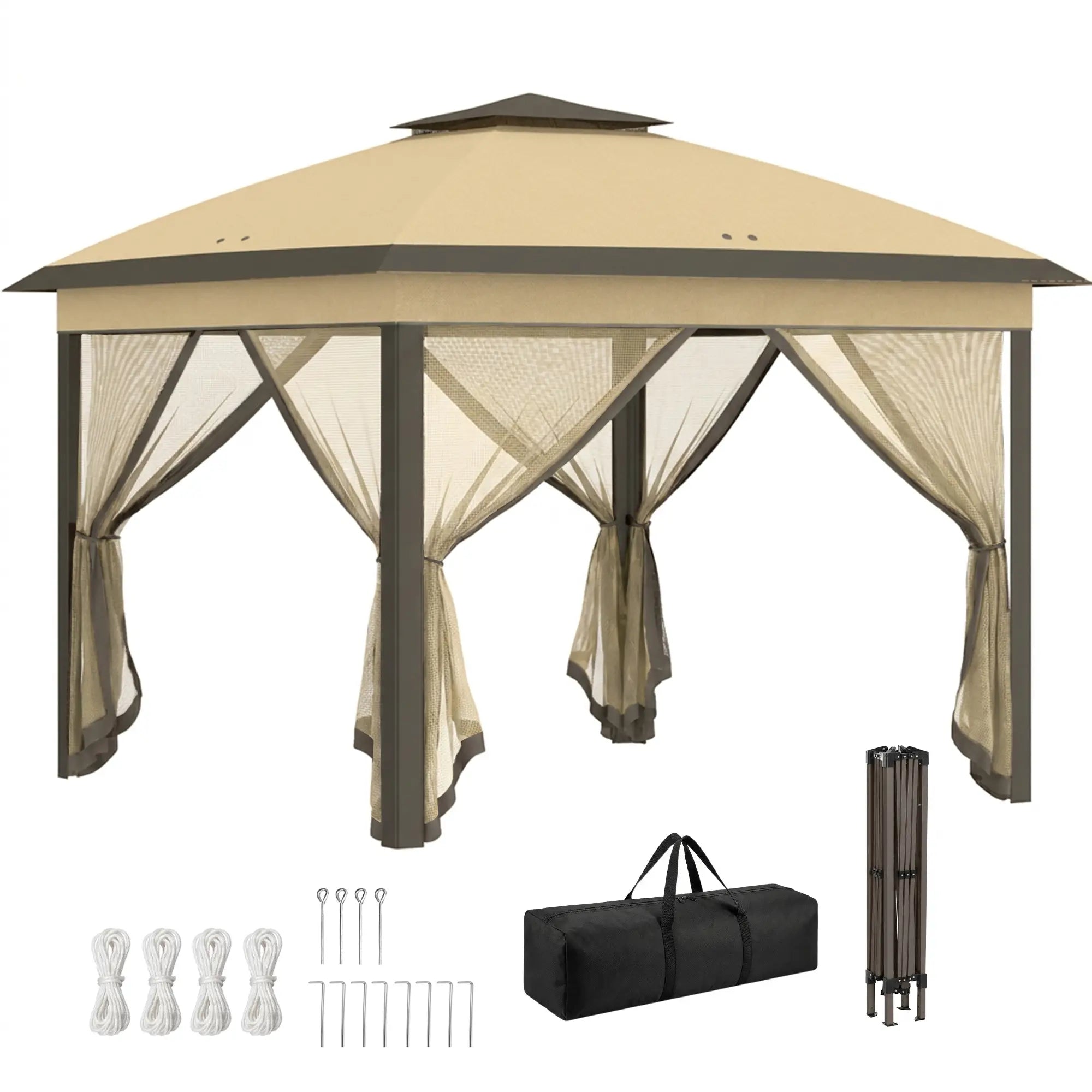 11' x 11' Pop Up Gazebo, Double Roof, Foldable, Adjustable, Beige Pop Up Canopies at Gallery Canada