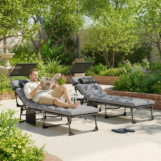 2 PCS Folding Chaise Lounge Chairs, Adjustable 5-Position, Cushion, Canopy, Side Pocket Lounger Chairs Black, Light Grey at Gallery Canada