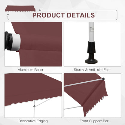 10x5ft Manual Retractable Patio Awning, 5.6-9.2ft Pole, Wine Red