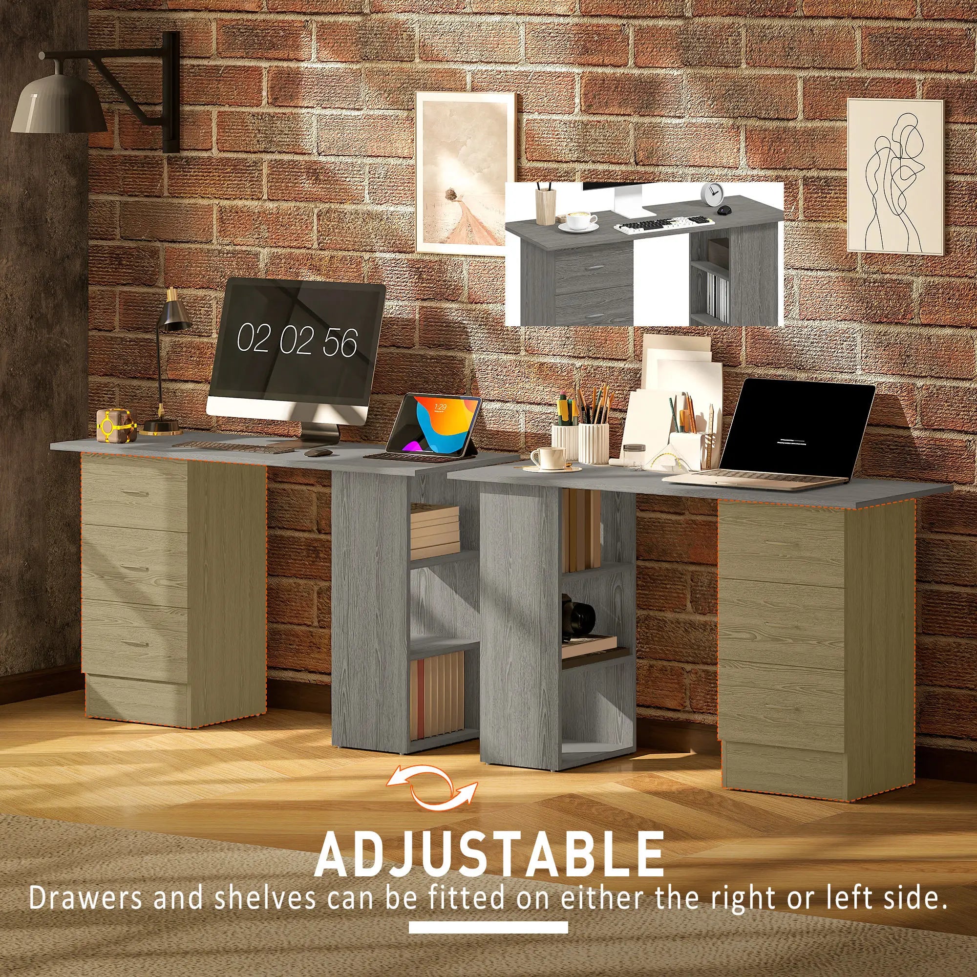 47 Inches Office Desk, 3-Tier Storage Shelves, Drawers, Grey Computer Desks at Gallery Canada