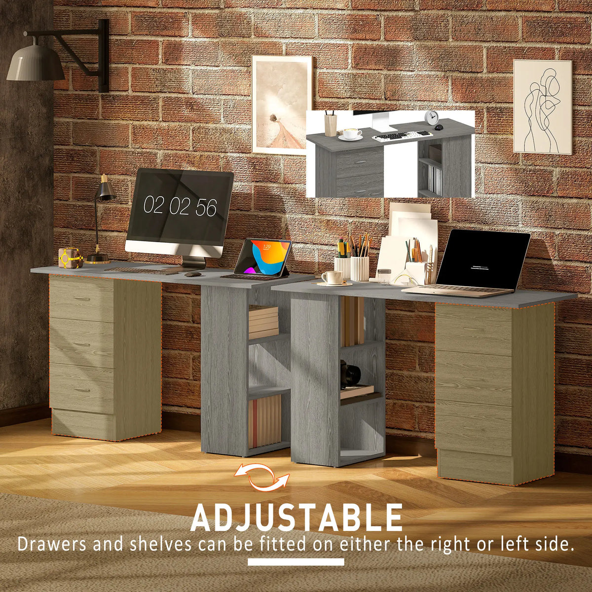 47 Inches Office Desk, 3-Tier Storage Shelves, Drawers, Grey Computer Desks at Gallery Canada