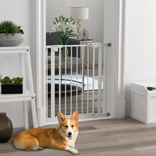 30 Inch Tall Pet Gate with Door, Indoor for Stairs, Pressure Mounted, White