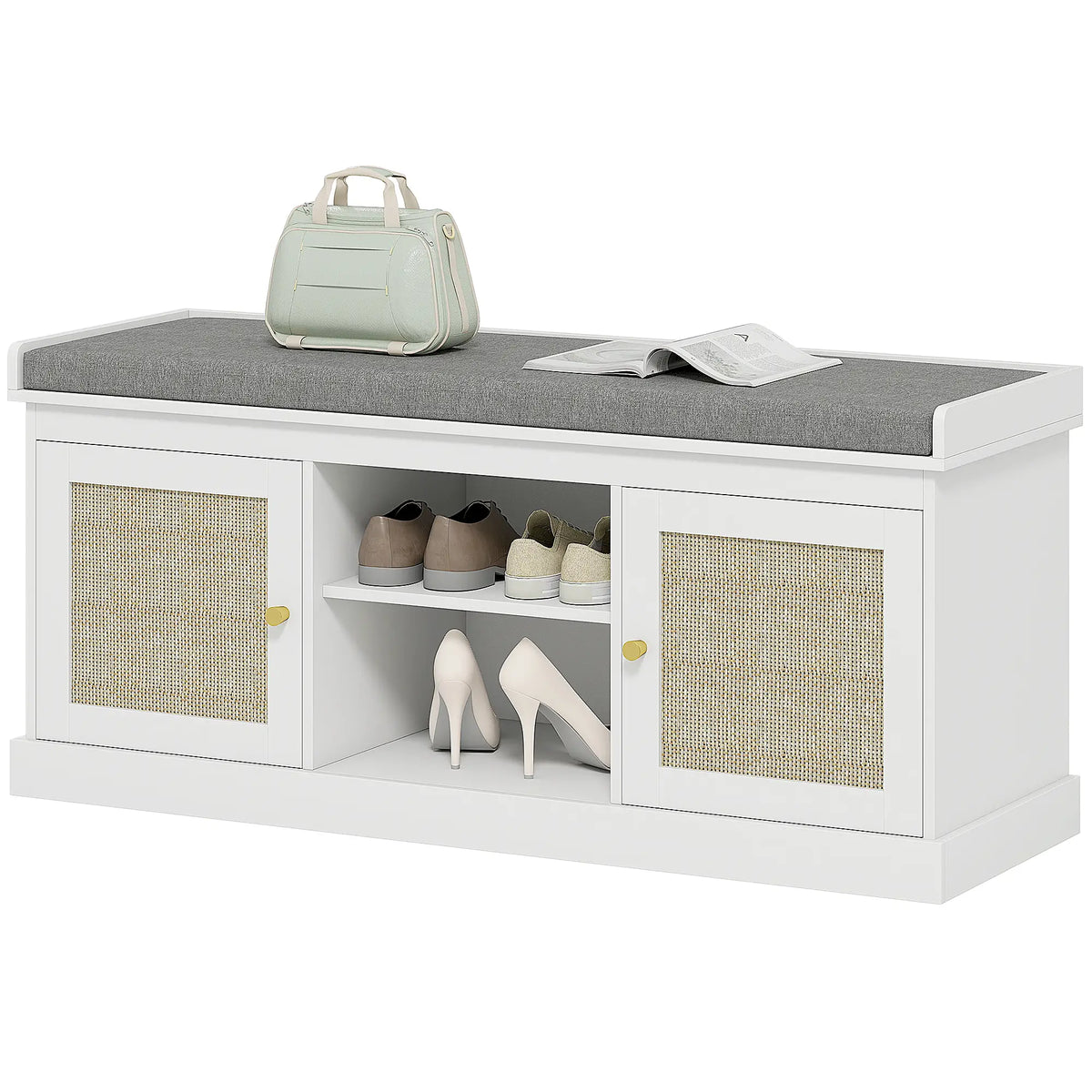 Shoe Bench with Padded Cushion, Boho Entryway, Rattan Doors, Adjustable Shelves, White Shoe Storage Cabinets & Racks White, Grey at Gallery Canada