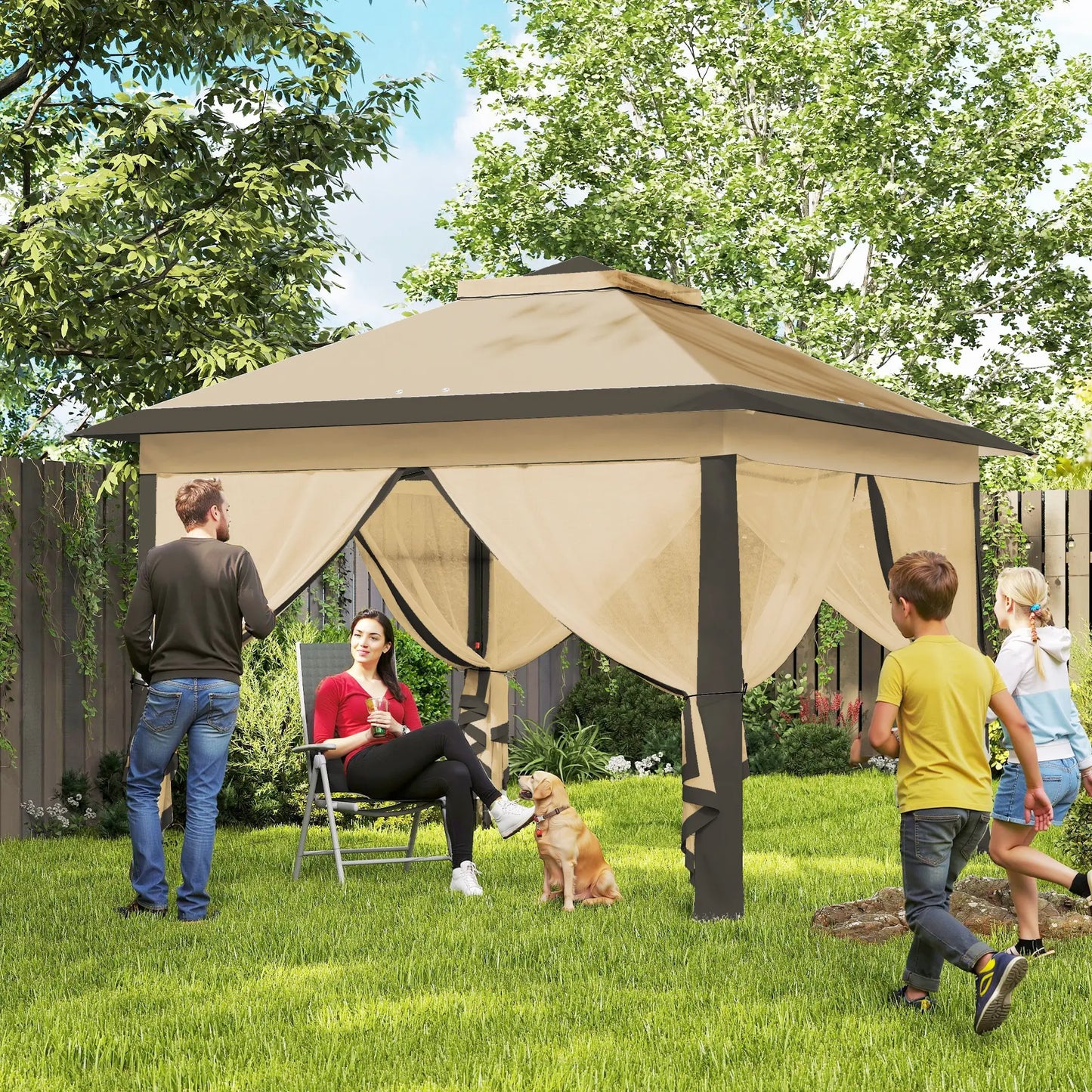 11' x 11' Pop Up Gazebo, Double Roof, Foldable, Adjustable, Beige Pop Up Canopies at Gallery Canada