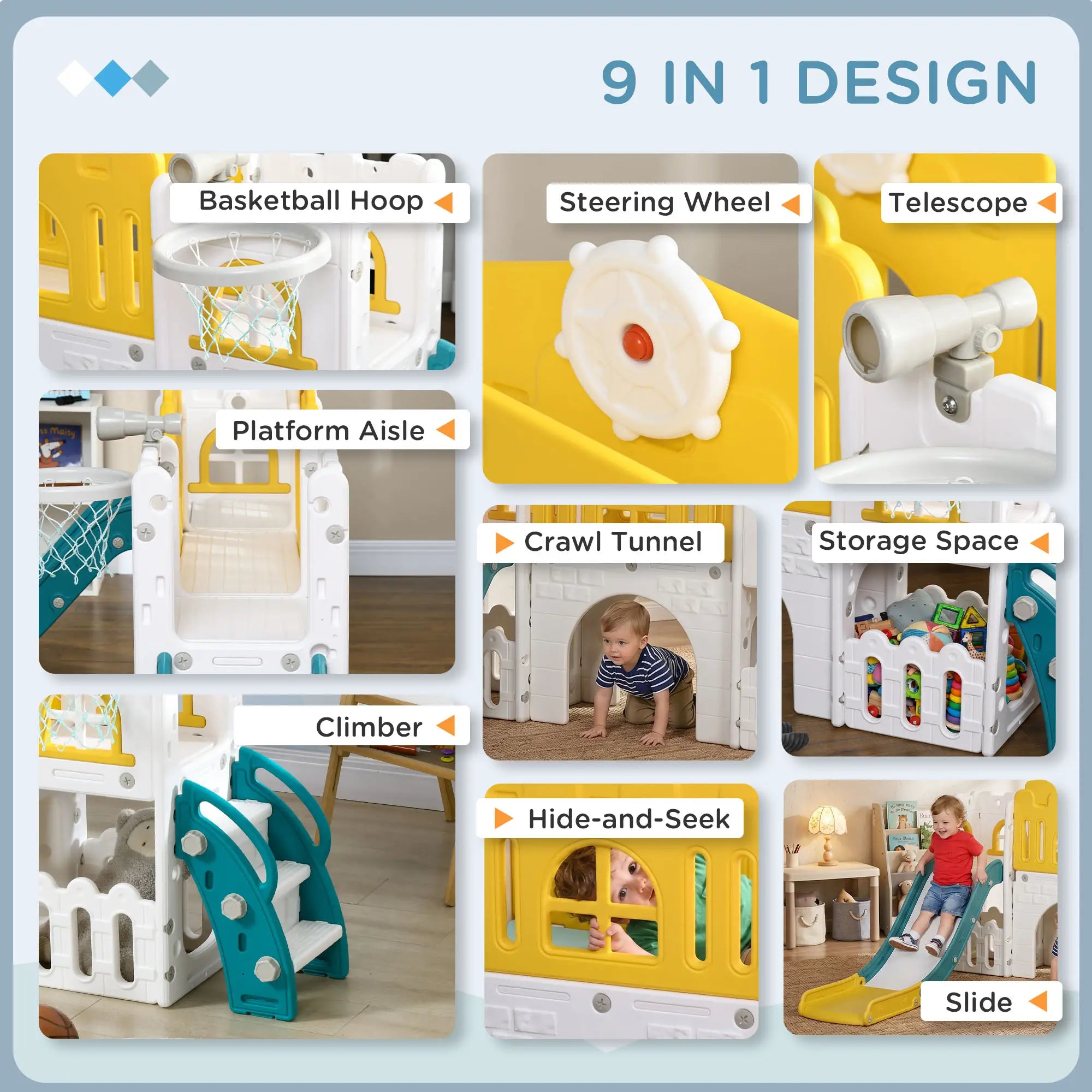 7 in 1 Toddler Slide, Basketball Hoop, Climber, Telescope, Yellow Gym Sets & Swings at Gallery Canada