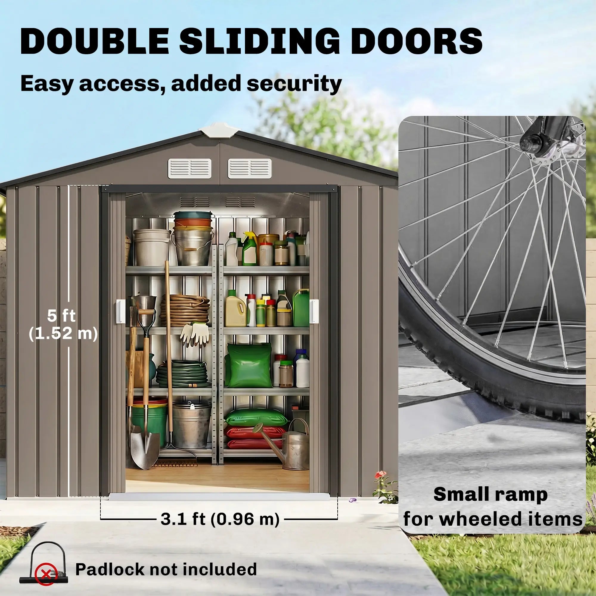 7' x 4' x 6' Garden Storage Shed, Metal, Double Doors, Brown Sheds at Gallery Canada
