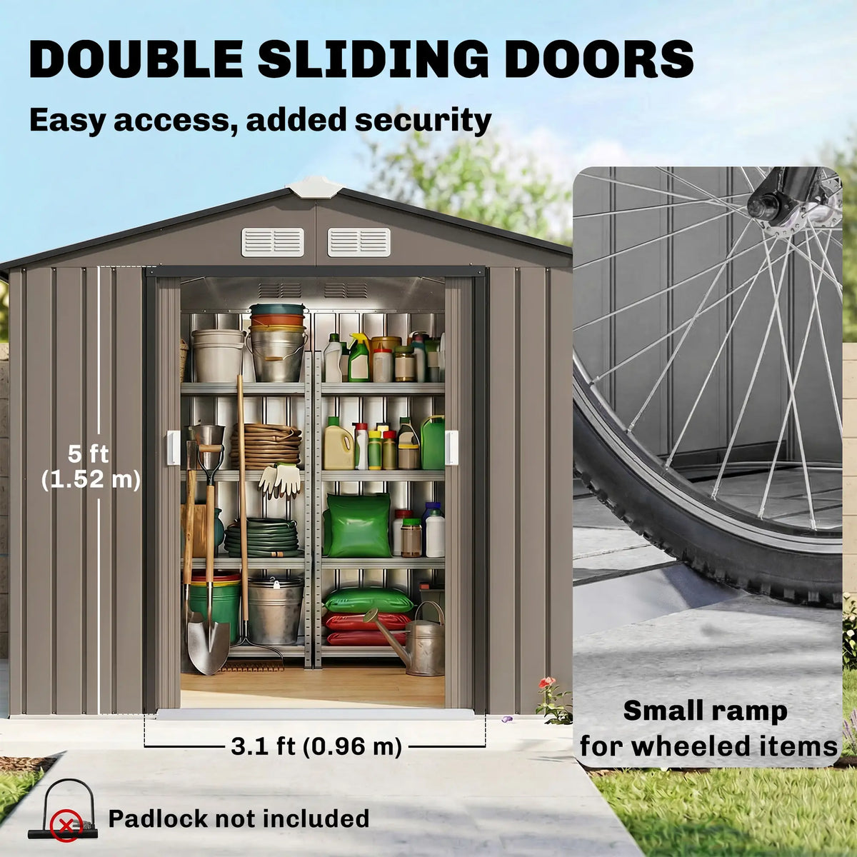 7' x 4' x 6' Garden Storage Shed, Metal, Double Doors, Brown Sheds at Gallery Canada