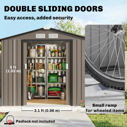7' x 4' x 6' Garden Storage Shed, Metal, Double Doors, Brown Sheds at Gallery Canada