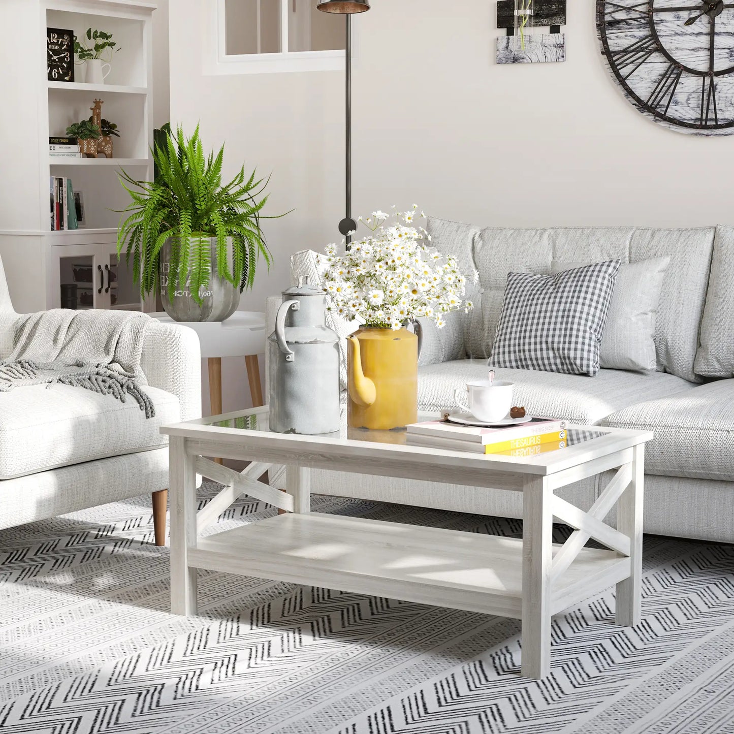 Farmhouse Coffee Table, Tempered Glass Top, 2-Tier with Storage Shelf Coffee Tables at Gallery Canada