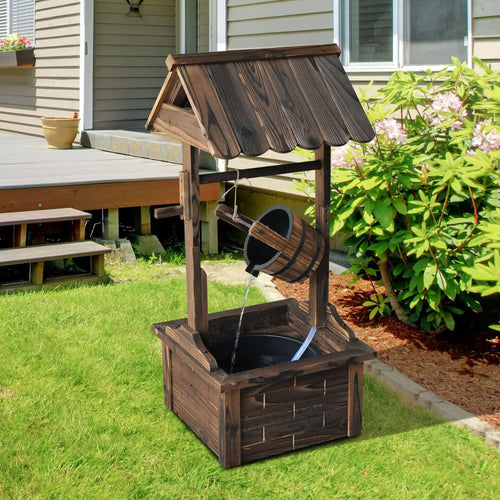 Wooden Well Wishing Fountain, Outdoor Electric Pump Water Bucket, Patio Garden, Carbonized