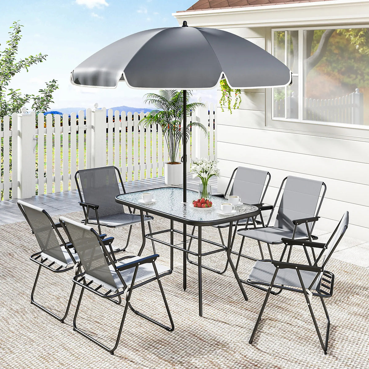 8 Piece Patio Table And Chairs Set, Tempered Glass Tabletop, Grey Outdoor Dining Sets at Gallery Canada