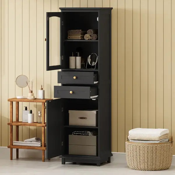 Bathroom Storage Cabinet, Glass Doors, Adjustable Shelves, 18