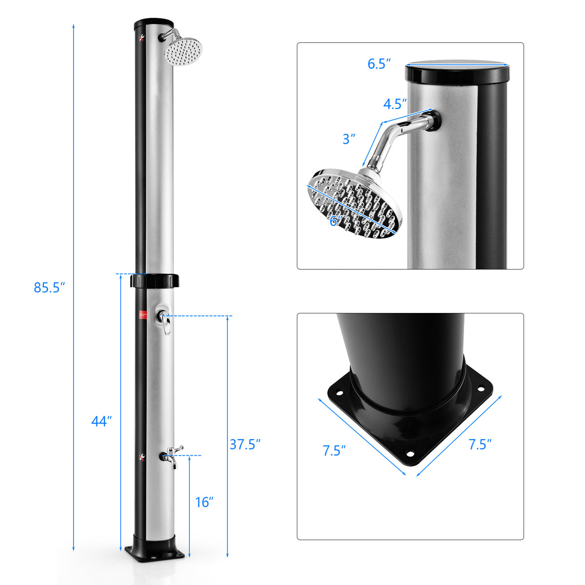 7.2 Feet Solar-Heated Outdoor Shower, Free-Rotating Head, Silver Portable Toilets & Showers at Gallery Canada
