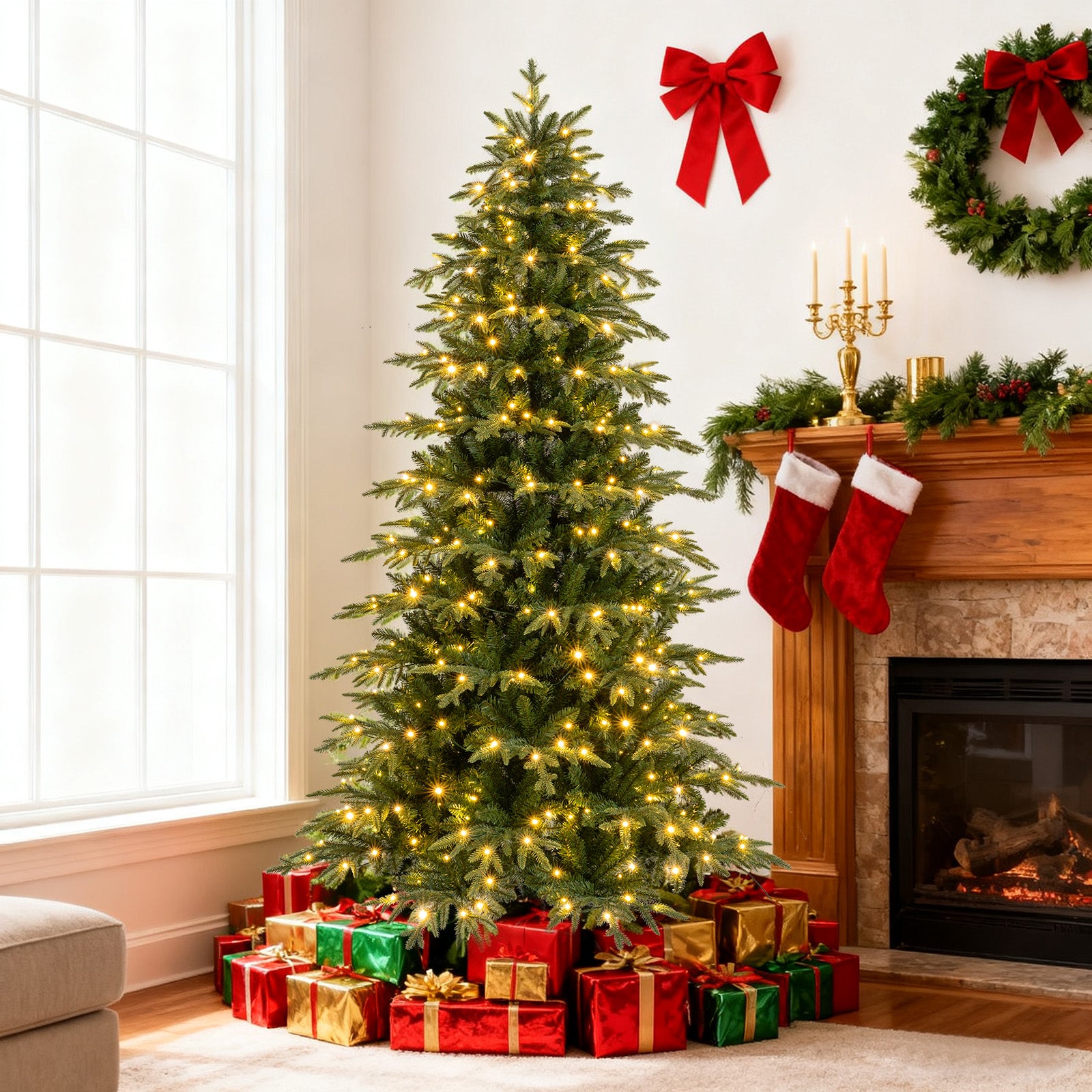 7.5 Feet Pre-Lit Artificial Christmas Tree Hinged Xmas Tree with LED Lights Christmas Tree at Gallery Canada