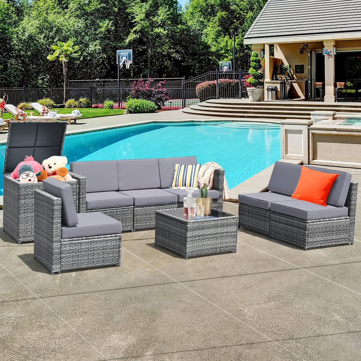 8 Pieces Wicker Rattan Dining Set, With Storage Table, Gray Outdoor Sectionals at Gallery Canada