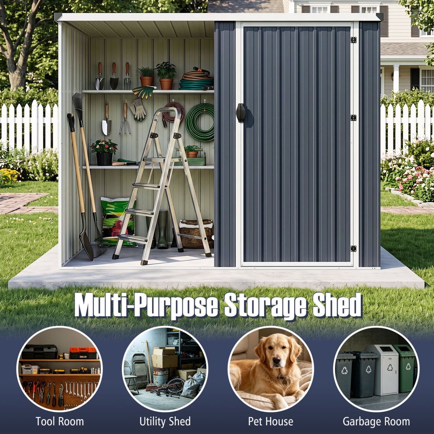 Outdoor Metal Storage Shed, 7.6 x 4 Ft, Lockable Door, Gray