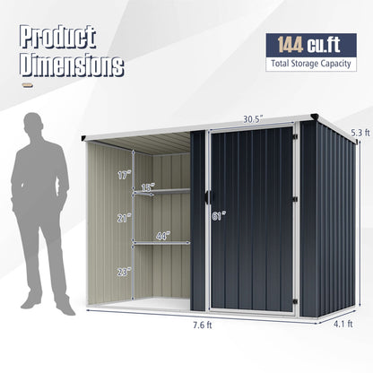 Outdoor Metal Storage Shed, 7.6 x 4 Ft, Lockable Door, Gray
