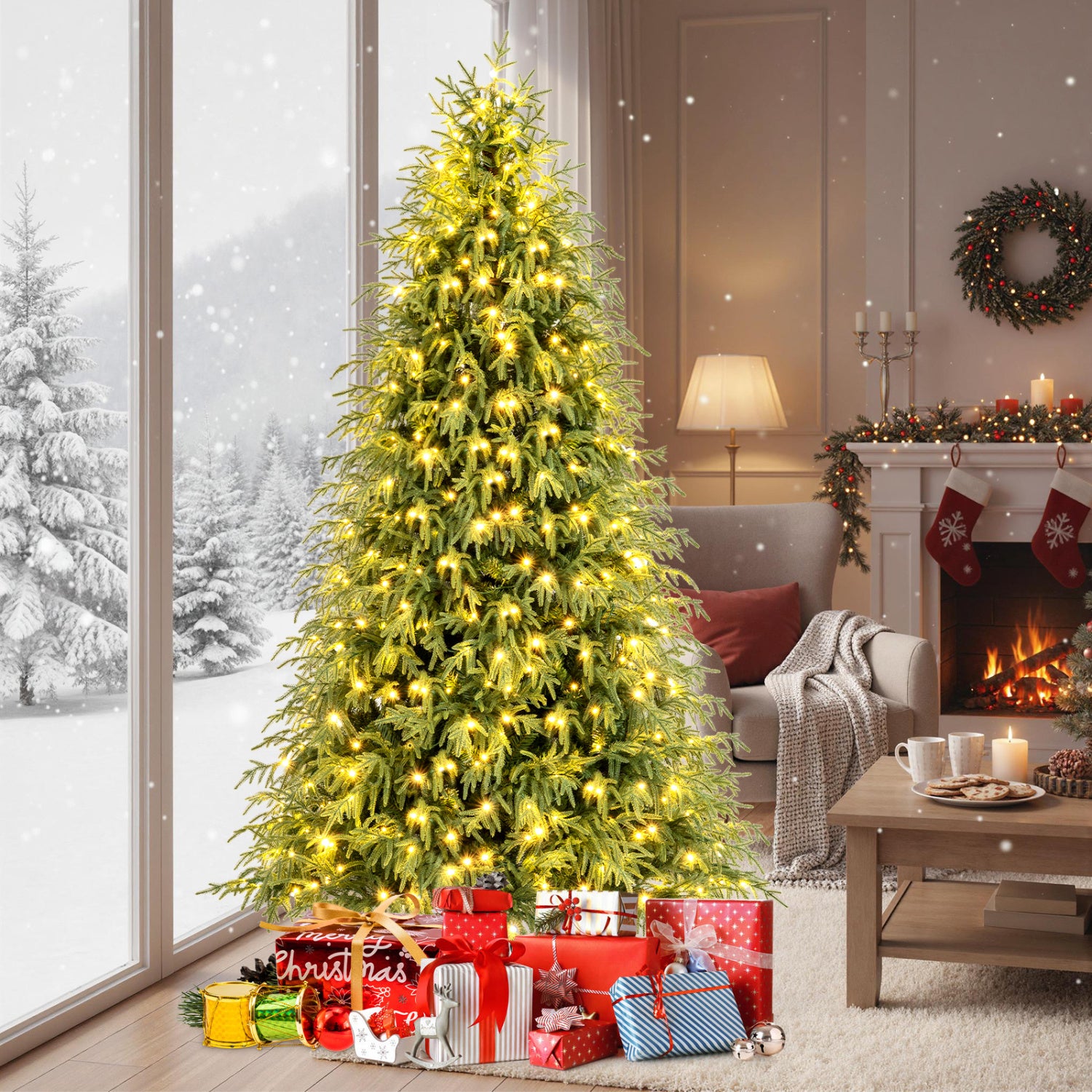 7.5 Feet Pre-Lit Artificial Christmas Tree, Hinged Faux Xmas Tree Christmas Tree at Gallery Canada