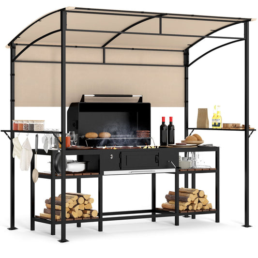 7.8 x 4.4 FT Outdoor BBQ Canopy with Shelves, Beige Canopies Beige at Gallery Canada