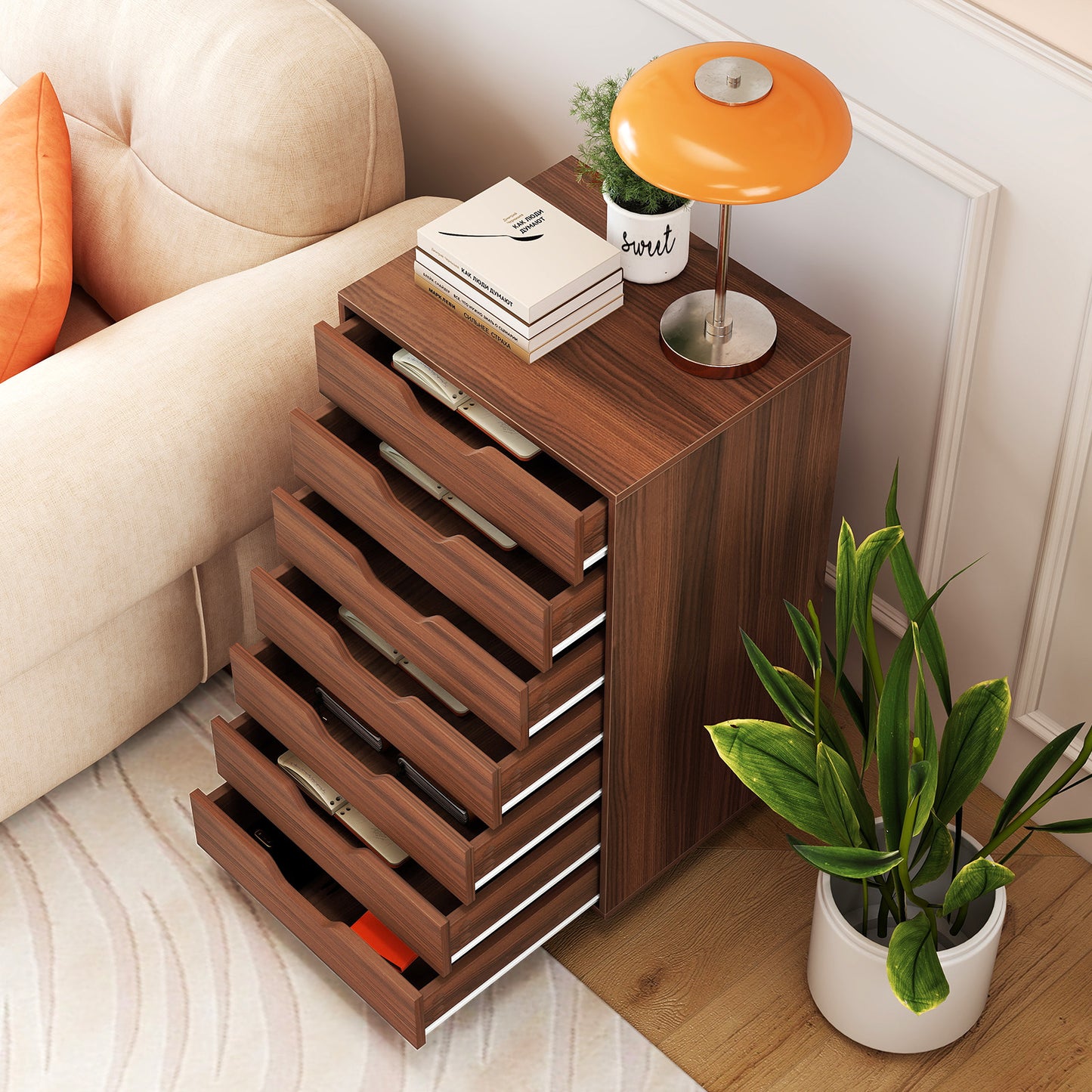 7-Drawer Wooden Chest Dresser, Walnut, Lockable Wheels File Cabinets at Gallery Canada