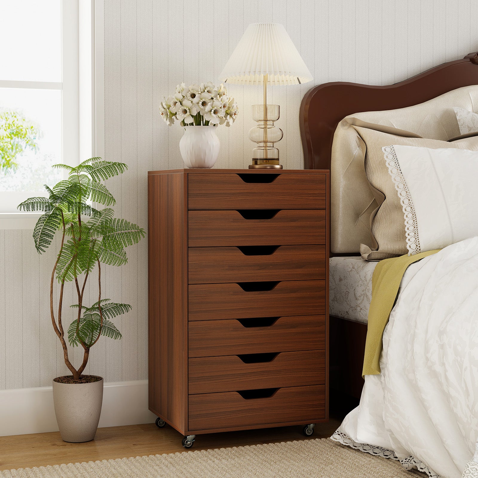 7-Drawer Wooden Chest Dresser, Walnut, Lockable Wheels File Cabinets at Gallery Canada