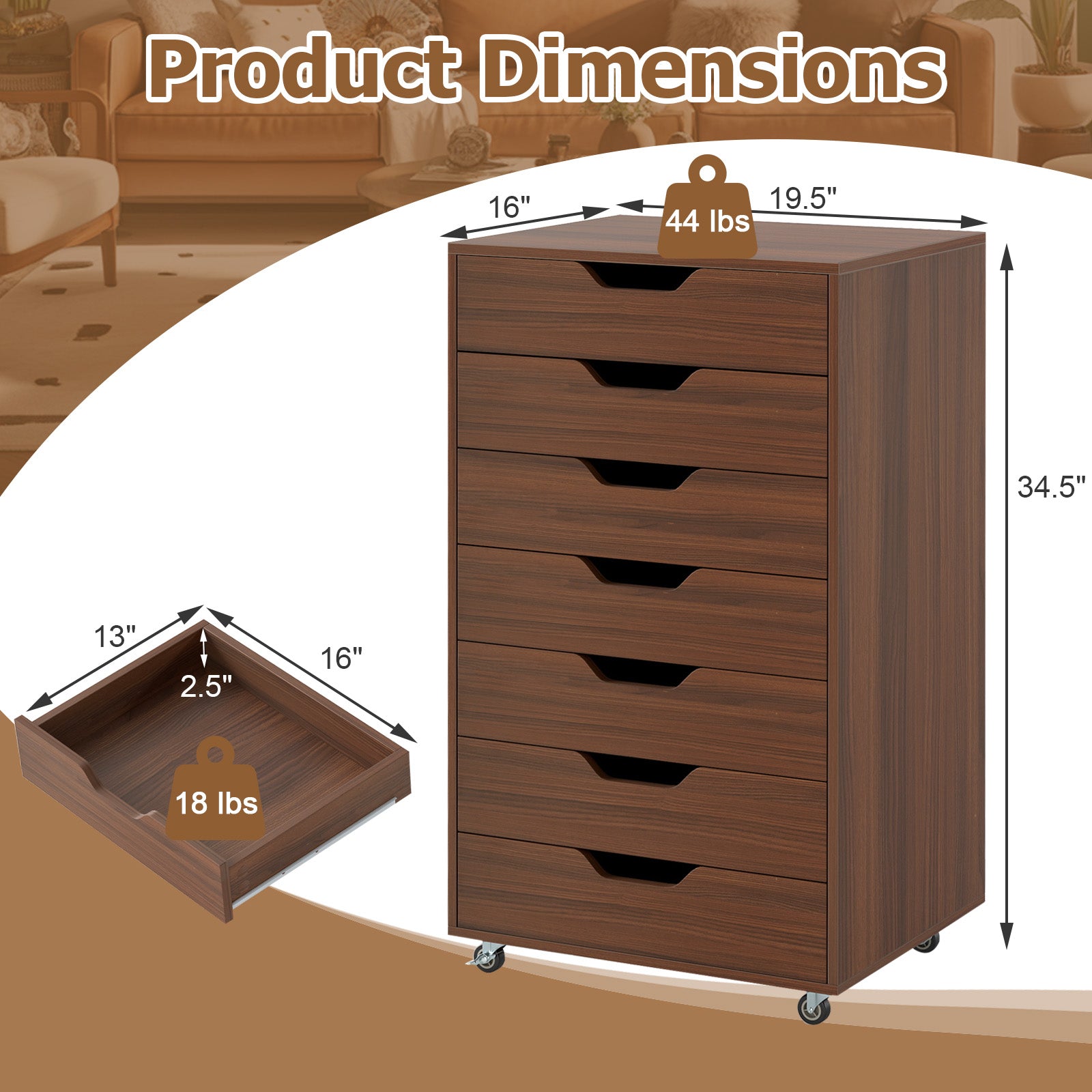 7-Drawer Wooden Chest Dresser, Walnut, Lockable Wheels File Cabinets at Gallery Canada