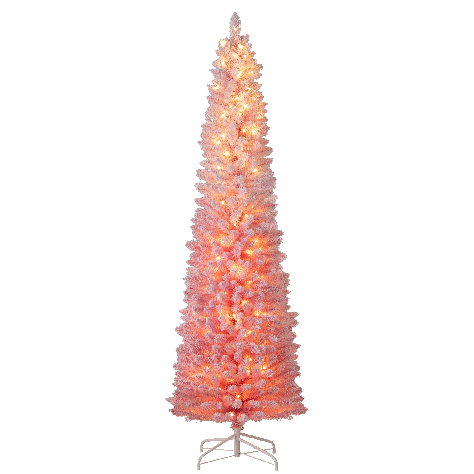 7 FT Snow-Flocked Artificial Christmas Tree, Pre-Lit Hinged, Pink Christmas Tree Pink at Gallery Canada
