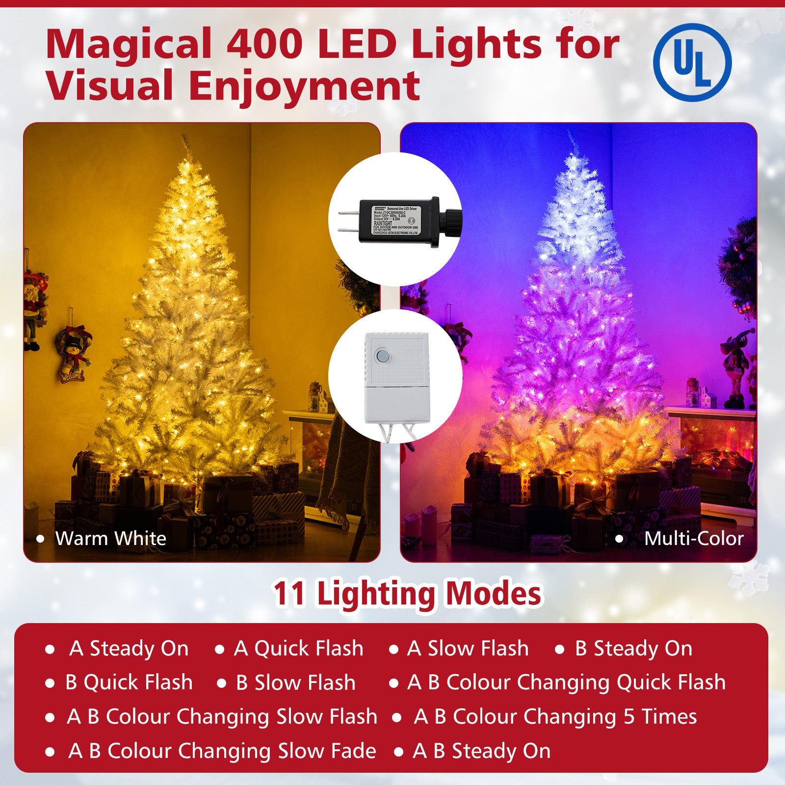 7 Feet Pre-Lit Artificial Christmas Tree, Hinged, 11 Lighting Modes, White Christmas Tree at Gallery Canada