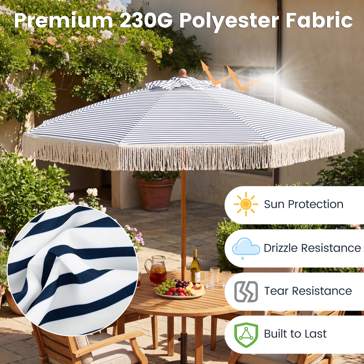 7 Feet Patio Umbrella, Sun-Protective Beach Umbrella With Fringe Tassel, Blue Outdoor Umbrellas at Gallery Canada